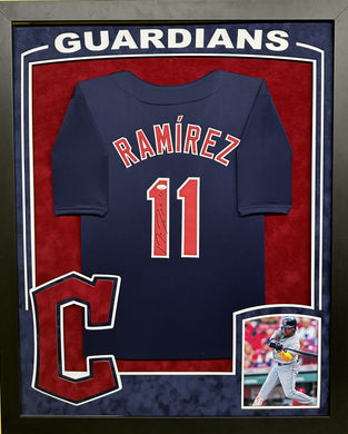 Cleveland Guardians Jose Ramirez Hand Signed Autographed Custom Blue Jersey Framed & Double Suede Matted with XL 3D Logo & Team Name Cut Out with JSA COA