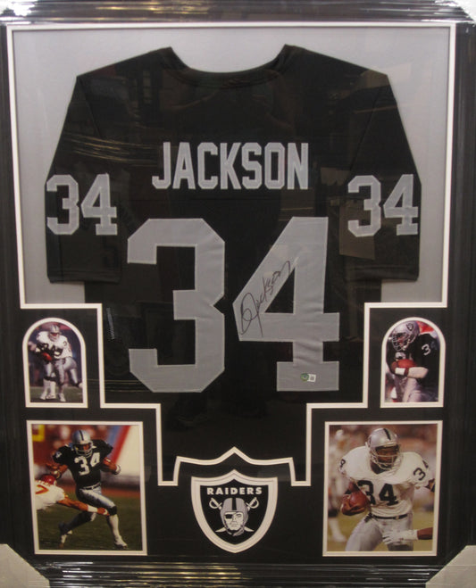 Oakland Raiders Bo Jackson Hand Signed Autographed Custom Black Jersey Framed & Matted with BECKETT COA