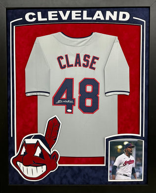 Cleveland Guardians Emmanuel Clase Hand Signed Autographed Custom White Jersey Framed & Double Suede Matted with XL 3D LOGO & Cleveland Cut Out with JSA COA