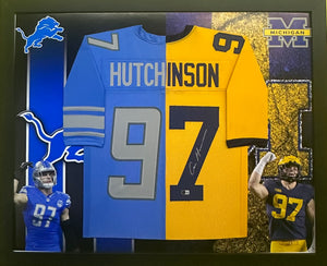 Detroit Lyons/ Michigan Wolverines Aidan Hutchinson Hand Signed Autographed Horizontal Large Photo Print Custom Framed Split Jersey with Beckett COA