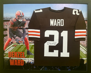 Cleveland Browns Denzel Ward Hand Signed Autographed Horizontal Large Photo Print Custom Framed Jersey with JSA COA