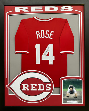 Cincinnati Reds Pete Rose Hand Signed Autographed Custom Red Jersey with XL 3D Logo Framed & Matted with JSA COA