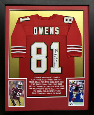 San Francisco 49ers Terrell Owens Hand Signed Autographed Custom Red Stat Jersey Framed & Matted with JSA COA