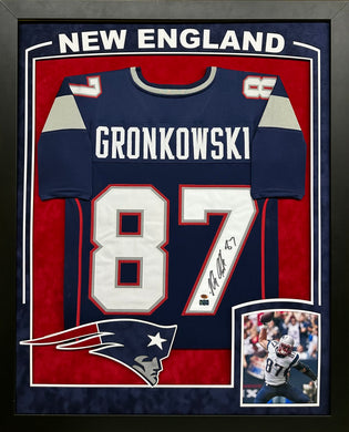 New England Patriots Rob Gronkowski Hand Signed Autographed Custom Navy Jersey Framed & Suede Matted with XL 3D Logo and Custom Cutouts CAS COA