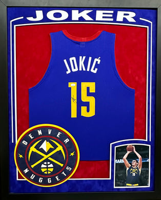 Denver Nuggets Nikola Jokic Hand Signed Autographed Custom Blue Jersey Framed & Suede Matted with XL 3D Logo and Custom Cutouts JSA COA