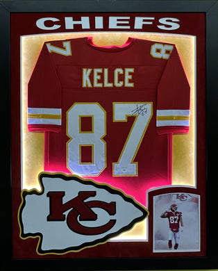 Kansas City Chiefs Travis Kelce Hand Signed Autographed Custom Red Jersey Framed & Double Suede Matted with XL 3D Logo and Chiefs Cutout & LED Lights with COA