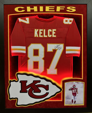 Kansas City Chiefs Travis Kelce Hand Signed Autographed Custom Red Jersey Framed & Double Suede Matted with XL 3D Logo and Chiefs Cutout & LED Lights with COA