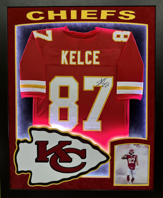 Kansas City Chiefs Travis Kelce Hand Signed Autographed Custom Red Jersey Framed & Double Suede Matted with XL 3D Logo and Chiefs Cutout & LED Lights with COA