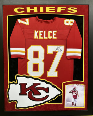 Kansas City Chiefs Travis Kelce Hand Signed Autographed Custom Red Jersey Framed & Double Suede Matted with XL 3D Logo and Chiefs Cutout with COA