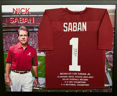 Alabama Crimson Tide Nick Saban Hand Signed Autographed Horizontal Large Photo Print Custom Maroon Framed Jersey with JSA COA