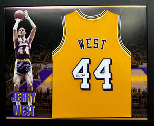 Los Angeles Lakers Jerry West Hand Signed Autographed Horizontal Large Photo Print Custom Yellow Framed Jersey with JSA COA