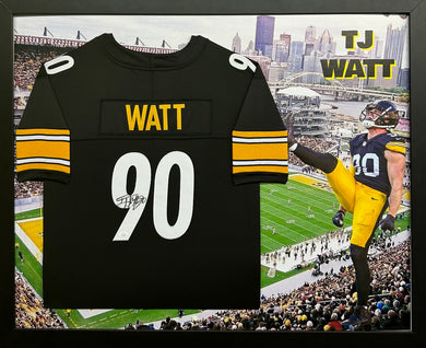 Pittsburgh Steelers TJ Watt Hand Signed Autographed Horizontal Large Photo Print Custom Black Framed Jersey with JSA COA