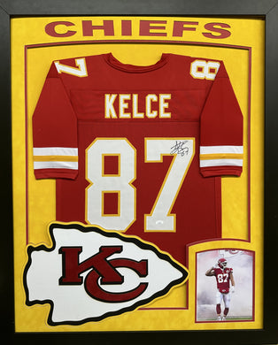 Kansas City Chiefs Travis Kelce Hand Signed Autographed Custom Red Jersey Framed & Double Suede Matted with XL 3D Logo and Chiefs Cutout with COA