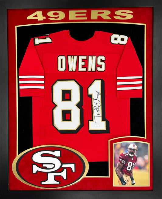 San Francisco Terrell Owens Hand Signed Autographed Custom Red Jersey Framed & Double Suede Matted with XL 3D Logo and Team Name Cutout with JSA COA