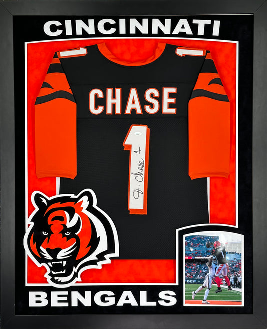 Cincinnati Bengals Ja'Marr Chase Hand Signed Autographed Custom Black Jersey Framed & Double Suede Matted with XL 3D Logo and Team Name Cutouts with JSA COA