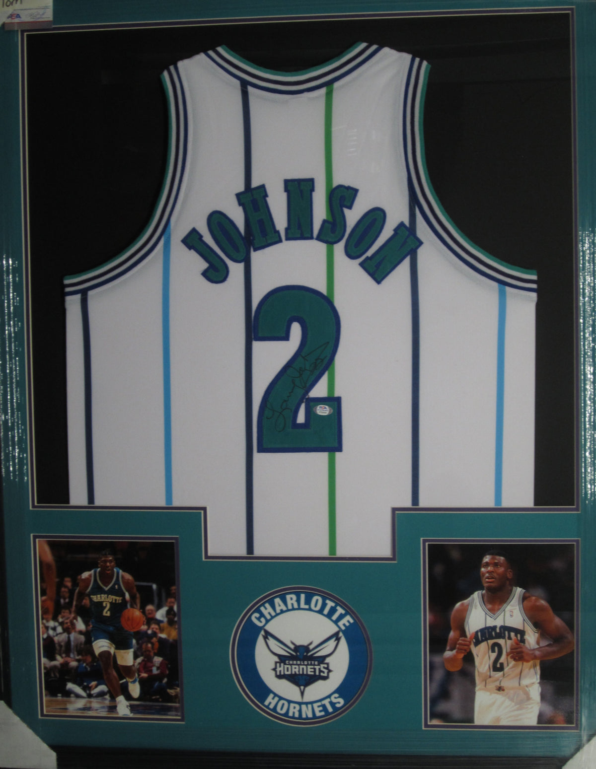 Charlotte Hornets Larry Johnson Hand Signed Autographed Custom Striped Jersey Framed & Matted with PSA COA