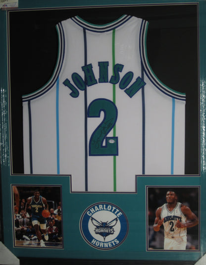 Charlotte Hornets Larry Johnson Hand Signed Autographed Custom Striped Jersey Framed & Matted with PSA COA