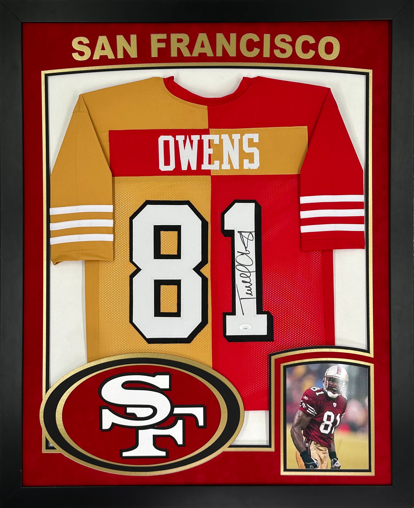 San Francisco 49ers Terrell Owens Hand Signed Autographed Custom Split Jersey Framed & Double Suede Matted with XL 3D Logo and Team Name Cutout with JSA COA
