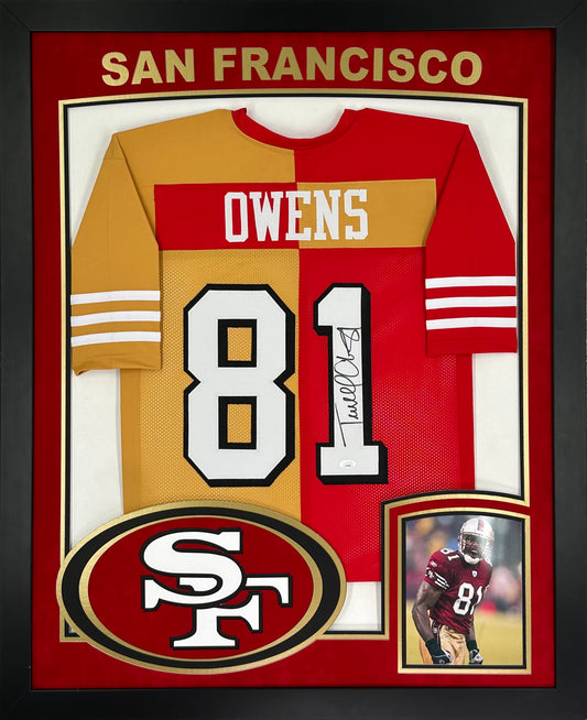 San Francisco 49ers Terrell Owens Hand Signed Autographed Custom Split Jersey Framed & Double Suede Matted with XL 3D Logo and Team Name Cutout with JSA COA
