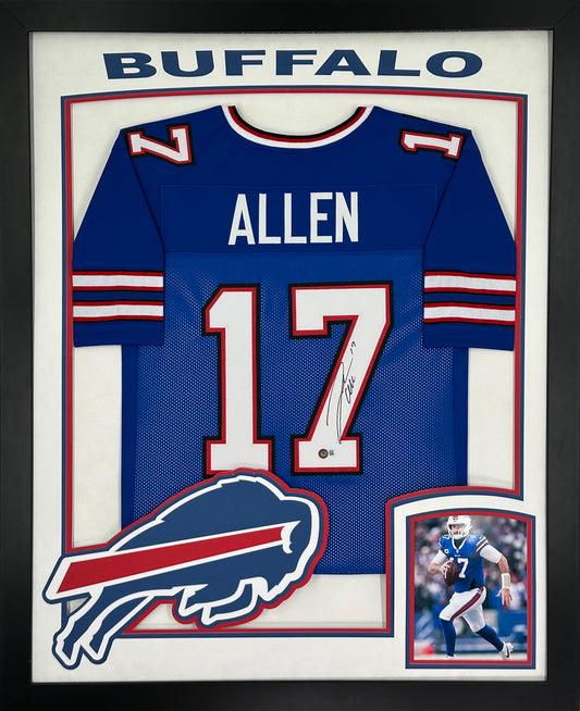 Buffalo Bills Josh Allen Hand Signed Autographed Custom Blue Jersey Framed & Double Suede Matted with XL 3D Logo and Team Name Cutout with Beckett COA