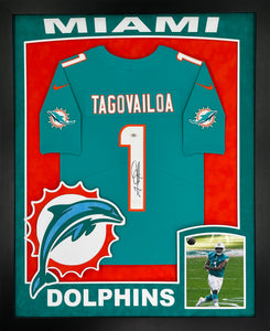 Miami Dolphins Tua Tagovailoa Hand Signed Autographed Authentic Teal Jersey Framed & Double Suede Matted with XL 3D Logo and Team Name Cutout with PSA COA