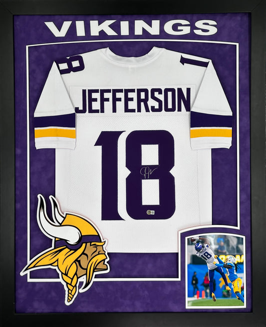 Minnesota Vikings Justin Jefferson Hand Signed Autographed Custom White Jersey Framed & Matted with Double Suede and XL 3D Logo and Team Name Cutout with Beckett COA