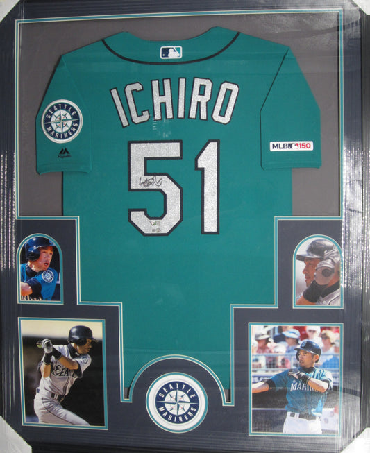 Seattle Mariners Ichiro Suzuki Hand Signed Autographed Authentic Teal Jersey Framed & Matted with FANATICS COA