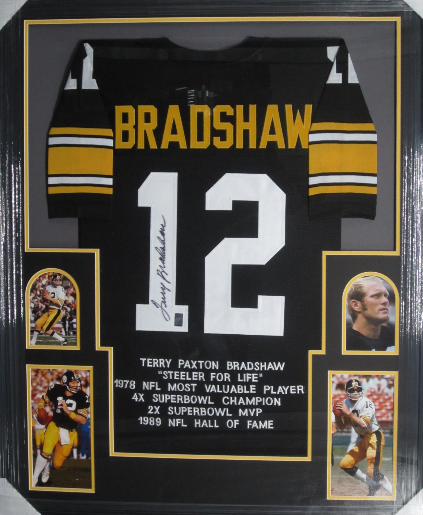 Pittsburgh Steelers Terry Bradshaw Hand Signed Autographed Career Achievements Stat Black Jersey Framed & Matted with Terry Bradshaw Hologram COA