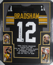 Load image into Gallery viewer, Pittsburgh Steelers Terry Bradshaw Signed Career Achievements Stat Jersey Framed &amp; Matted with Terry Bradshaw Hologram COA