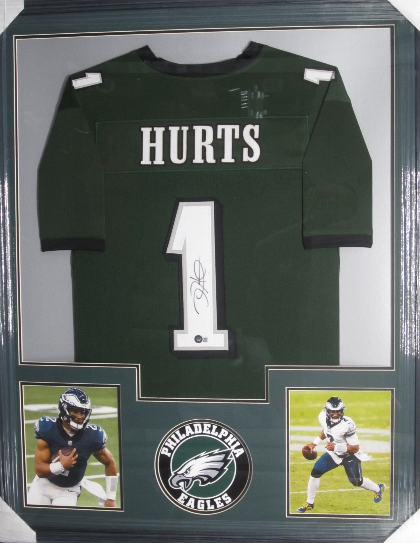 Philadelphia Eagles Jalen Hurts Hand Signed Autographed Custom Green Jersey Framed & Matted with BECKETT COA