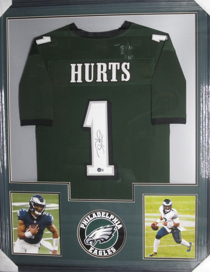 Philadelphia Eagles Jalen Hurts Hand Signed Autographed Custom Green Jersey Framed & Matted with BECKETT COA