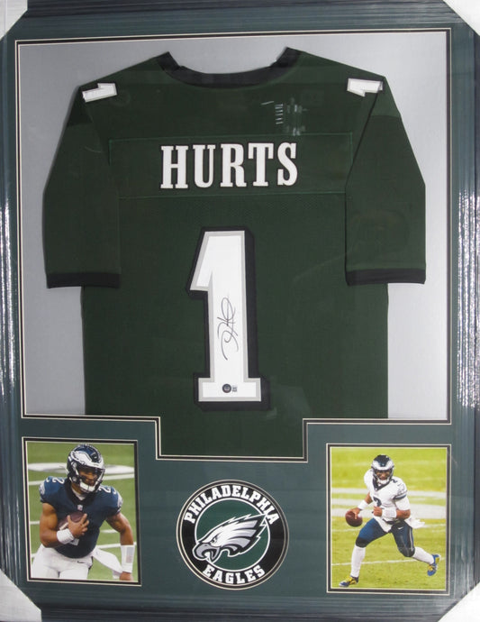 Philadelphia Eagles Jalen Hurts Hand Signed Autographed Custom Green Jersey Framed & Matted with BECKETT COA