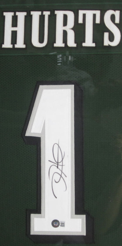 Philadelphia Eagles Jalen Hurts Hand Signed Autographed Custom Green Jersey Framed & Matted with BECKETT COA
