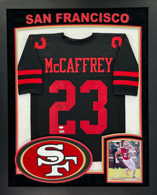 San Francisco 49ers Christian McCaffrey Hand Signed Autographed Custom Black Jersey Framed & Double Suede Matted with XL 3D Logo and Team Name Cutout with JSA COA