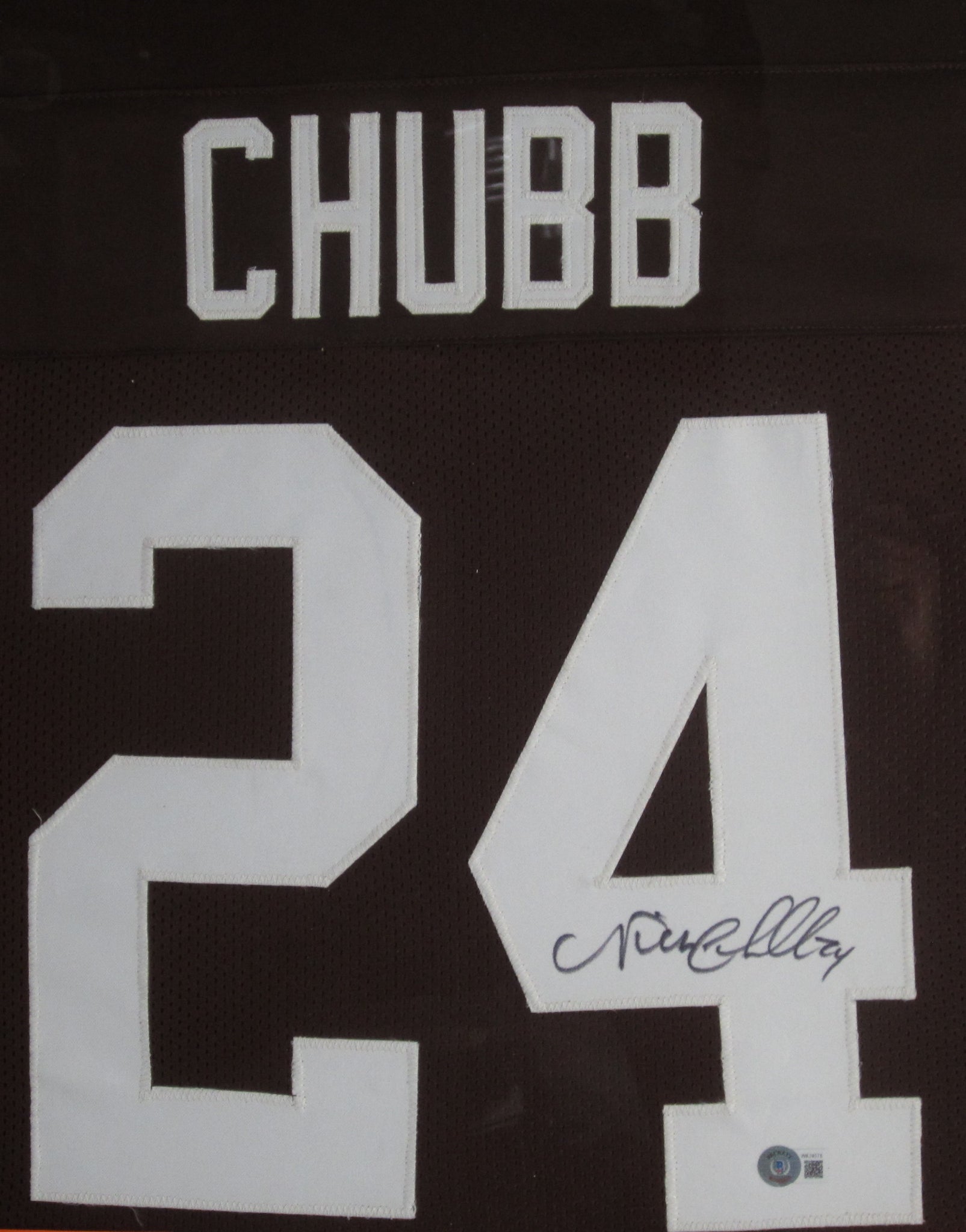 Nick Chubb Signed Cleveland Browns 35x43 Framed Color Rush Jersey (Bec –