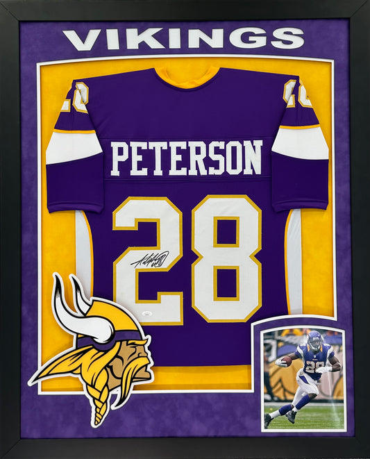 Minnesota Vikings Adrian Peterson Hand Signed Autographed Custom Purple Jersey Framed & Double Suede Matted with XL 3D Logo and Team Name Cutout with JSA COA