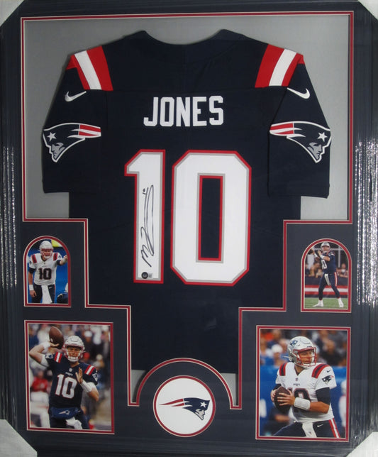 New England Patriots Mac Jones Hand Signed Autographed Blue Jersey Framed & Matted with BECKETT COA