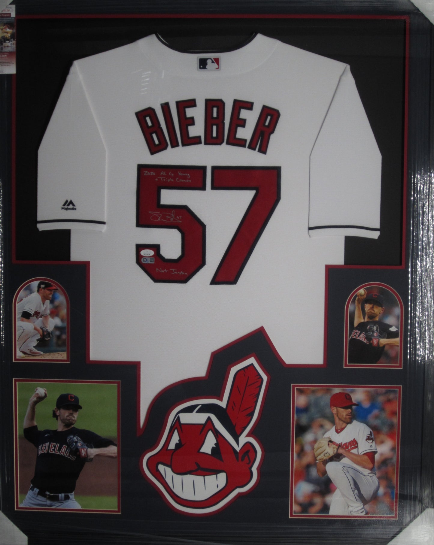 Cleveland Indians Shane Bieber Hand Signed Autographed Jersey with 2020 AL CY Young + Triple Crown & Not Justin Inscriptions Framed & Matted with JSA COA