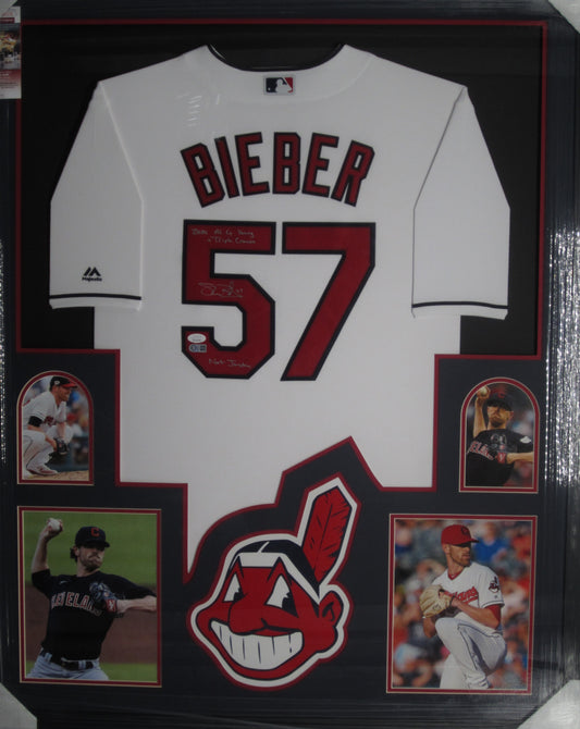 Cleveland Indians Shane Bieber Hand Signed Autographed Jersey with 2020 AL CY Young + Triple Crown & Not Justin Inscriptions Framed & Matted with JSA COA