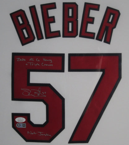 Cleveland Indians Shane Bieber Hand Signed Autographed Jersey with 2020 AL CY Young + Triple Crown & Not Justin Inscriptions Framed & Matted with JSA COA