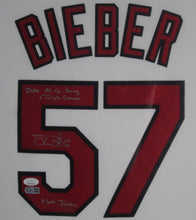 Load image into Gallery viewer, Cleveland Indians Shane Bieber Signed Jersey with 2020 AL CY Young + Triple Crown &amp; Not Justin Inscriptions Framed &amp; Matted with JSA COA