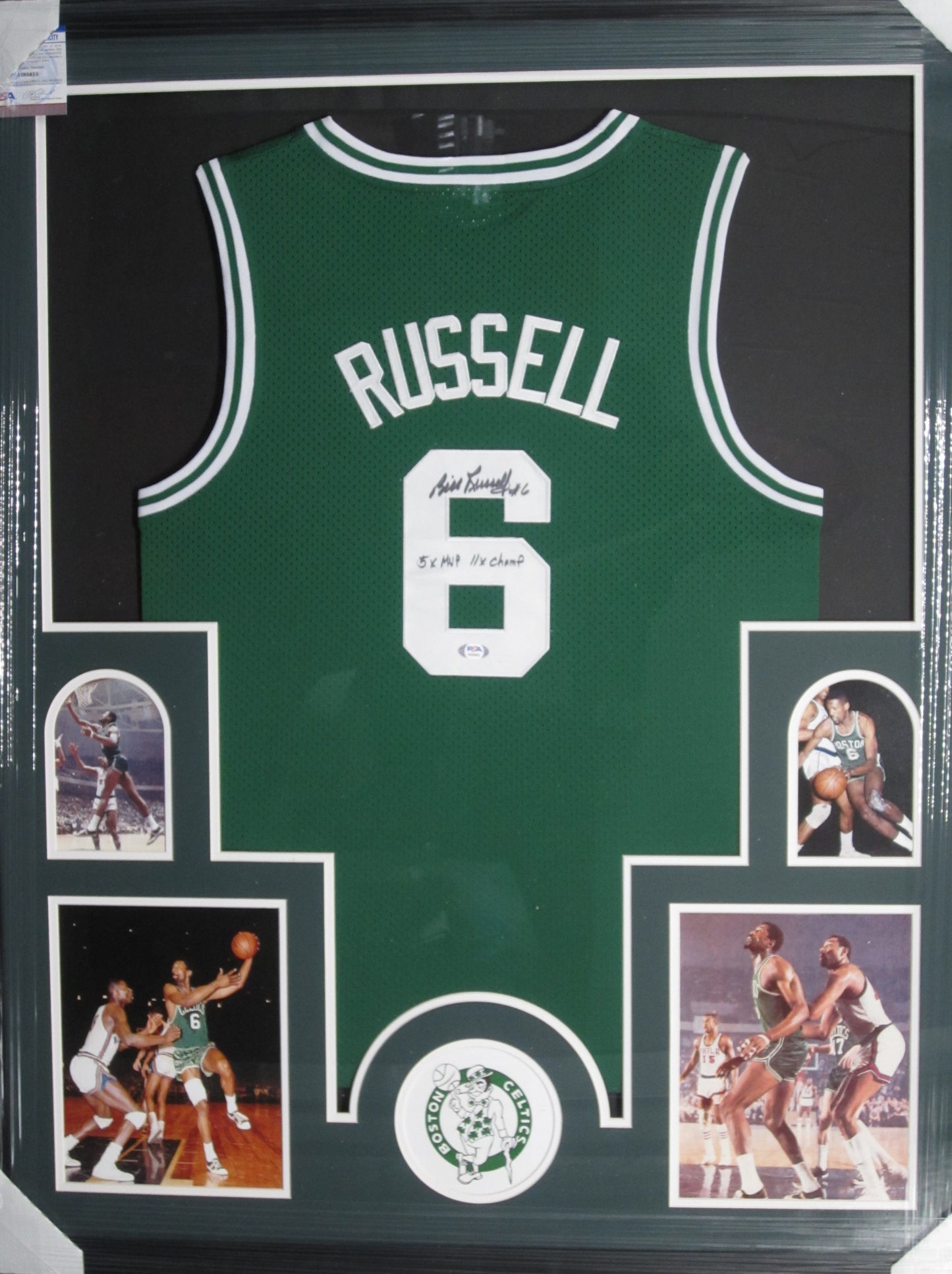 Boston Celtics Bill Russell Hand Signed Autographed Jersey with #6, 5x MVP, & 11X Champ Inscriptions Framed & Matted with PSA COA