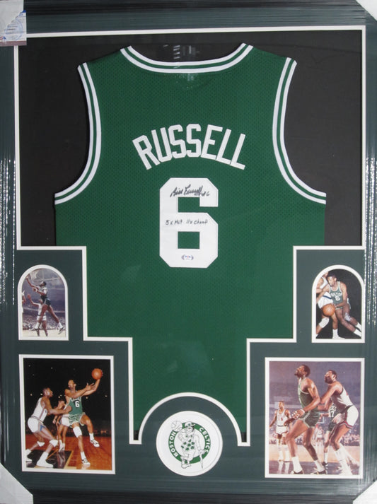 Boston Celtics Bill Russell Hand Signed Autographed Jersey with #6, 5x MVP, & 11X Champ Inscriptions Framed & Matted with PSA COA