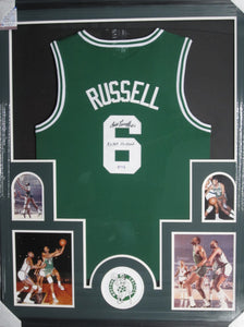 Boston Celtics Bill Russell Signed Jersey with #6, 5x MVP, & 11X Champ Inscriptions Framed & Matted with PSA COA