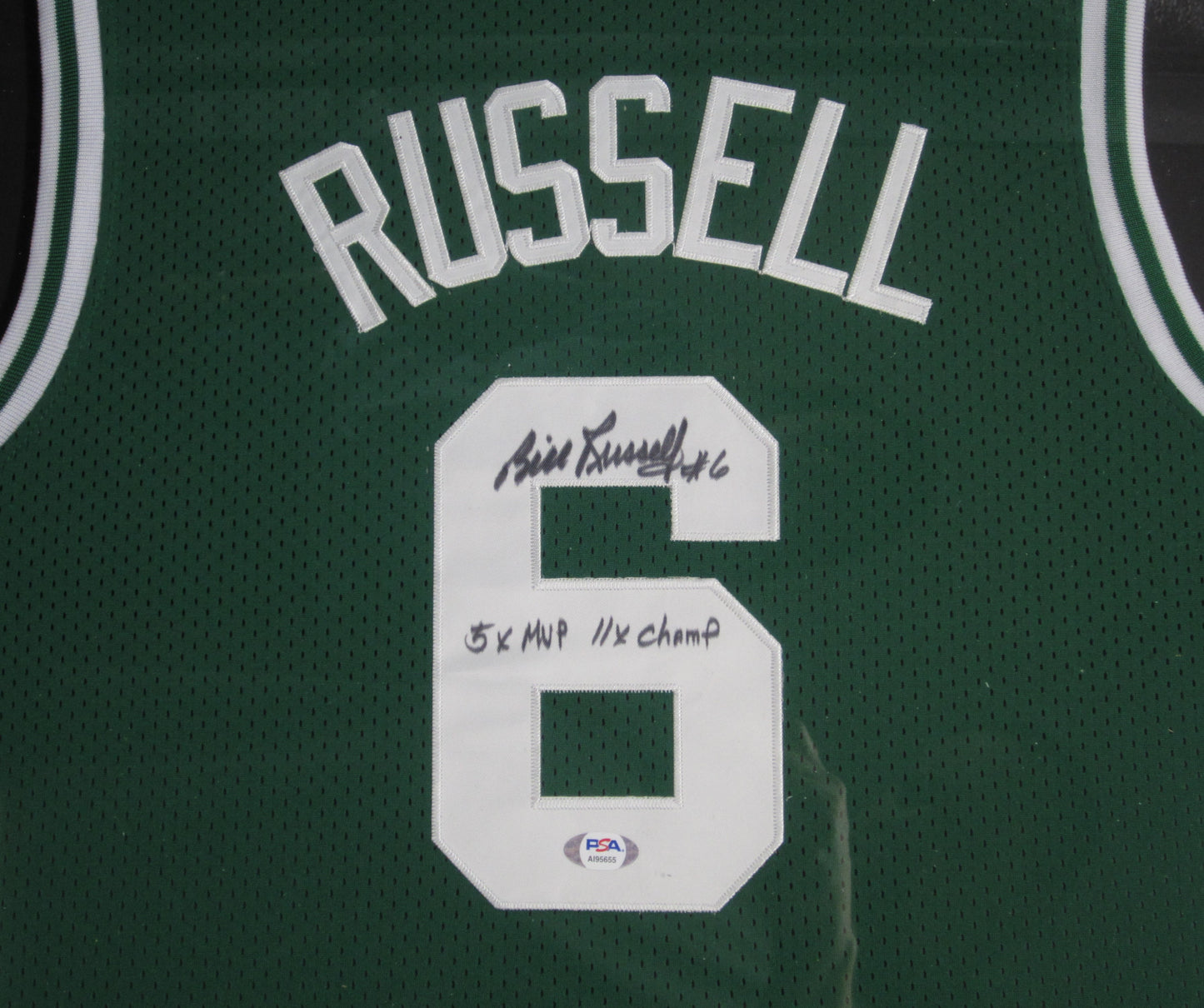 Boston Celtics Bill Russell Hand Signed Autographed Jersey with #6, 5x MVP, & 11X Champ Inscriptions Framed & Matted with PSA COA