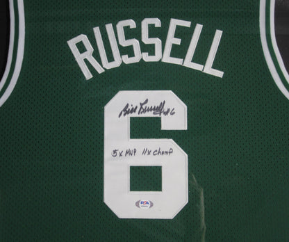 Boston Celtics Bill Russell Hand Signed Autographed Jersey with #6, 5x MVP, & 11X Champ Inscriptions Framed & Matted with PSA COA