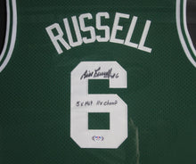 Load image into Gallery viewer, Boston Celtics Bill Russell Signed Jersey with #6, 5x MVP, &amp; 11X Champ Inscriptions Framed &amp; Matted with PSA COA