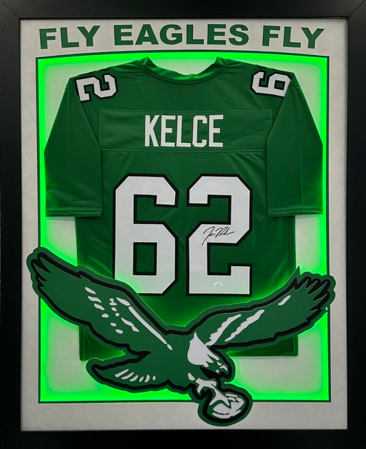 Philadelphia Eagles Jason Kelce Hand Signed Autographed Custom Green Jersey Framed & Double Suede Matted with XL 3D Logo and "Fly Eagles Fly" Cutout & LED Lights JSA COA