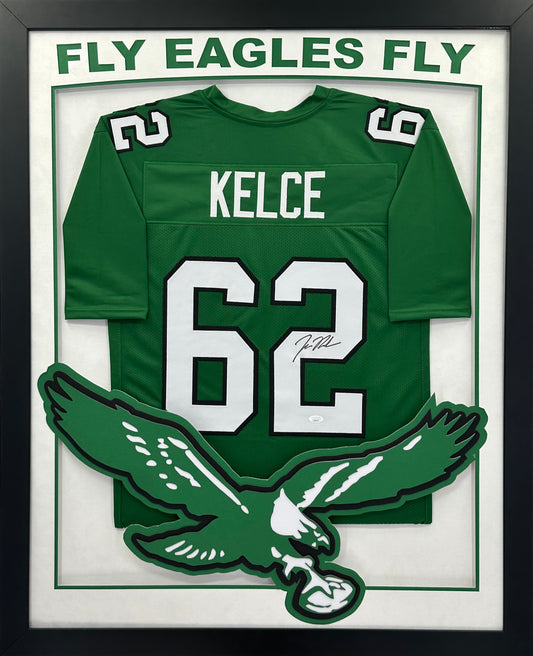 Philadelphia Eagles Jason Kelce Hand Signed Autographed Custom Green Jersey Framed & Double Suede Matted with XL 3D Logo and "Fly Eagles Fly" Cutout JSA COA