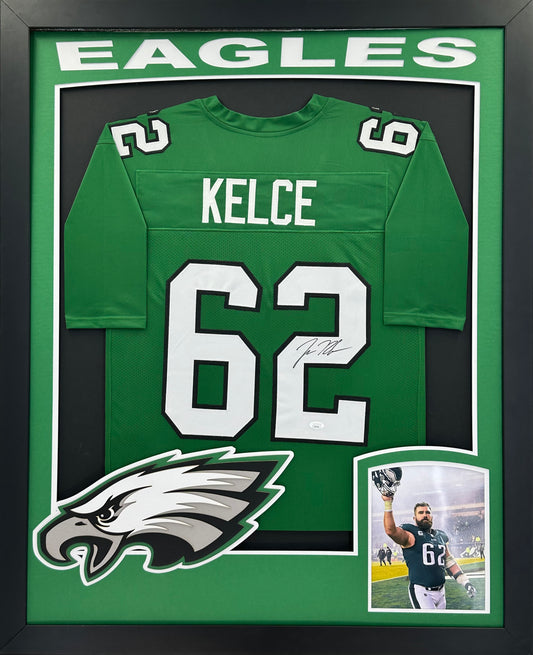 Philadelphia Eagles Jason Kelce Hand Signed Autographed Custom Green Jersey Framed & Matted with XL 3D Logo and Team Name Cutout with JSA COA